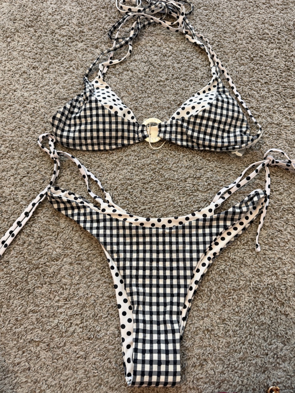 Black & White Gingham Polka-Trim Tie Bikini Set
